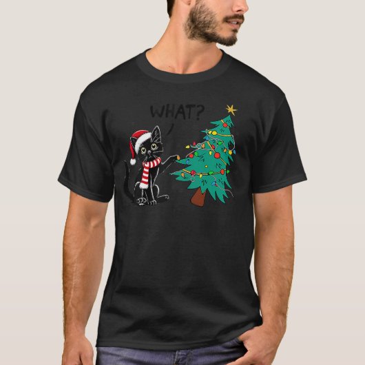 Funny Black Cat Pushing Christmas Tree Over Cat Wh T-Shirt (Vorderseite)