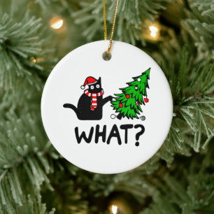 Funny Black Cat Pushing Christmas Tree Pet Lover Keramik Ornament