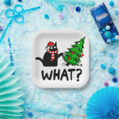 Funny Black Cat Pushing Christmas Tree Pet Lover Pappteller (Party)