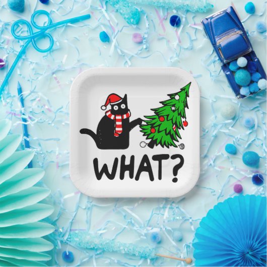 Funny Black Cat Pushing Christmas Tree Pet Lover Pappteller (Party)