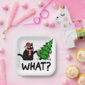 Funny Black Cat Pushing Christmas Tree Pet Lover Pappteller (Party)