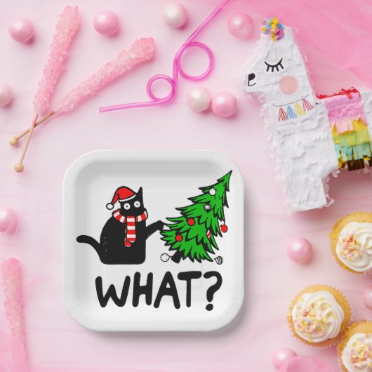 Funny Black Cat Pushing Christmas Tree Pet Lover Pappteller (Party)