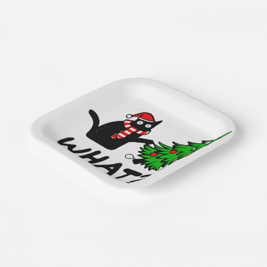 Funny Black Cat Pushing Christmas Tree Pet Lover Pappteller (Gewinkelt)
