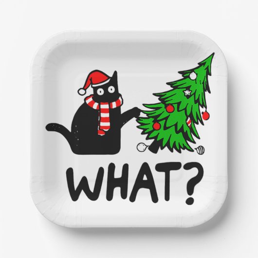 Funny Black Cat Pushing Christmas Tree Pet Lover Pappteller (Vorderseite)