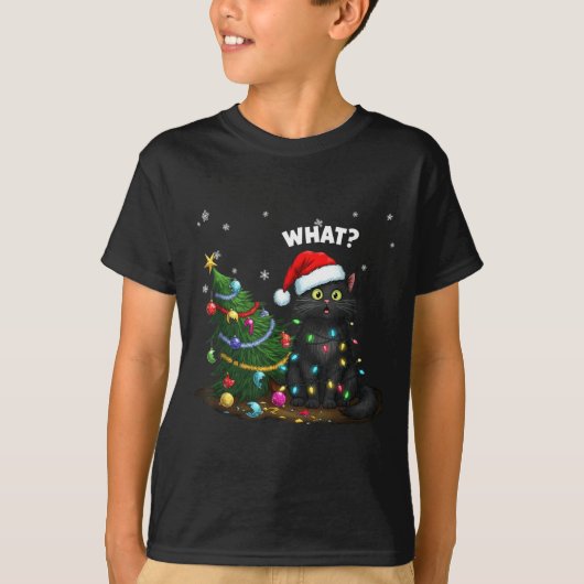 Funny Black Cat Pushing Christmas Tree  T-Shirt (Vorderseite)