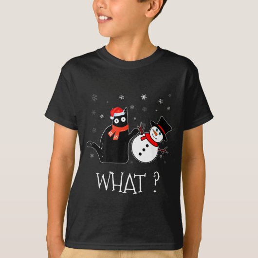 Funny Black Cat Pushing Snowman Christmas Winter C T-Shirt (Vorderseite)