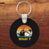 Funny Black Cat Pushing Snowman Xmas Winter Costum Schlüsselanhänger (Vorderseite)