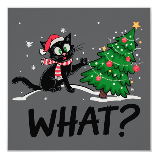 Funny Black Cat Pushing Weihnachtsbaum Katze Was? Fotodruck (Vorne)