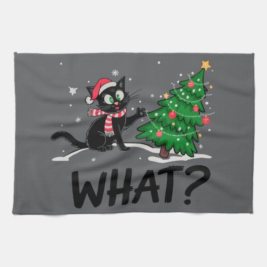 Funny Black Cat Pushing Weihnachtsbaum Katze Was? Geschirrtuch (Horizontal)