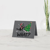 Funny Black Cat Pushing Weihnachtsbaum Katze Was? Karte (Vorderseite)