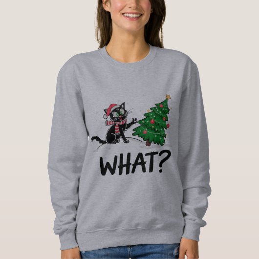 Funny Black Cat Pushing Weihnachtsbaum Katze Was? Sweatshirt (Vorderseite)