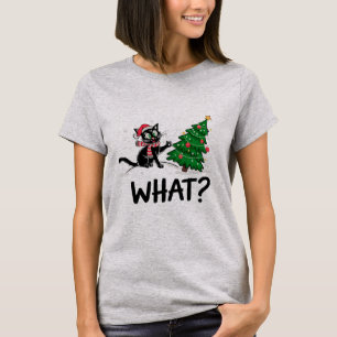 Funny Black Cat Pushing Weihnachtsbaum Katze Was? T-Shirt