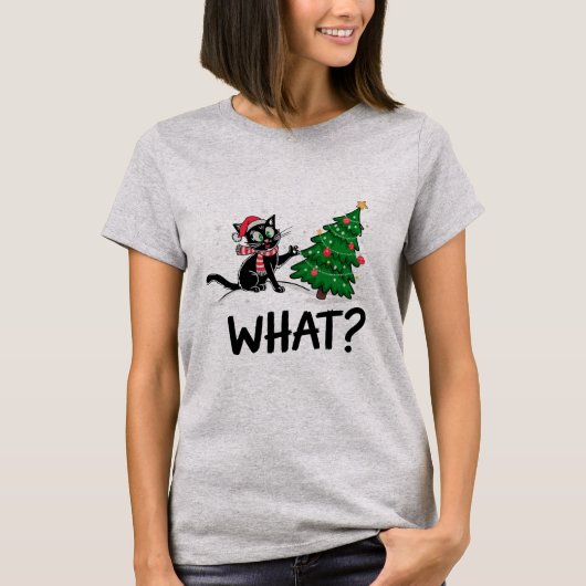 Funny Black Cat Pushing Weihnachtsbaum Katze Was? T-Shirt (Vorderseite)