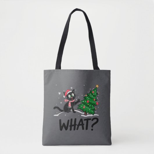 Funny Black Cat Pushing Weihnachtsbaum Katze Was? Tasche (Vorderseite)