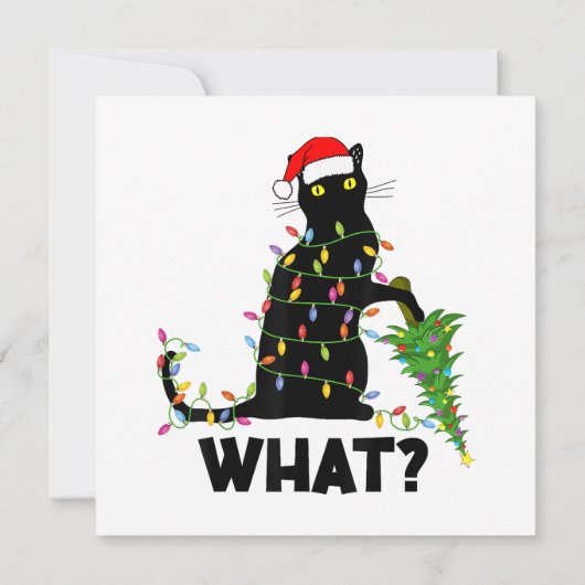 Funny Black Cat Pushing Weihnachtsbaum über Cat Ch Einladung (Rückseite)