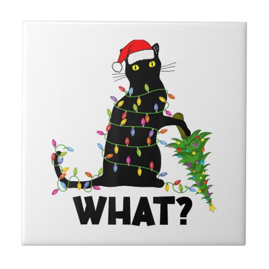 Funny Black Cat Pushing Weihnachtsbaum über Cat Ch Fliese (Vorderseite)