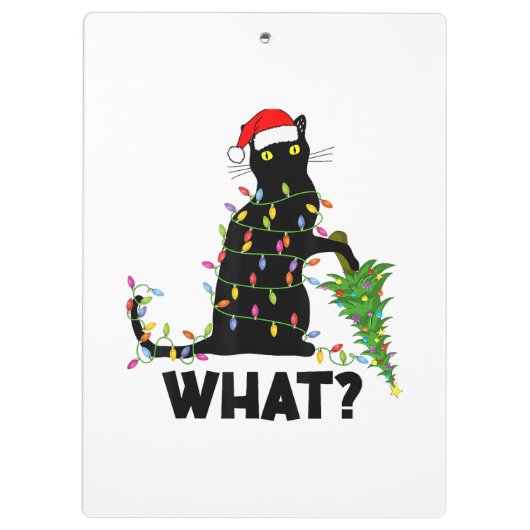 Funny Black Cat Pushing Weihnachtsbaum über Cat Ch Klemmbrett (Rückseite)