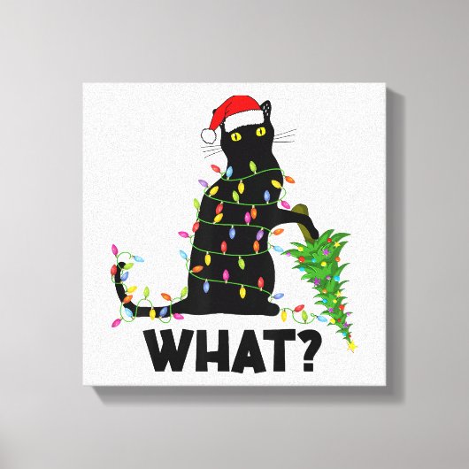 Funny Black Cat Pushing Weihnachtsbaum über Cat Ch Leinwanddruck (Vorderseite)