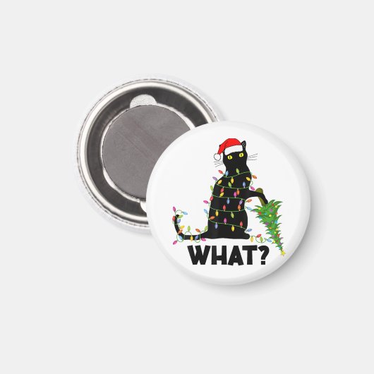 Funny Black Cat Pushing Weihnachtsbaum über Cat Ch Magnet (Vorderseite/Rückseite)