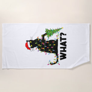 Funny Black Cat Pushing Weihnachtsbaum über Cat Ch Strandtuch