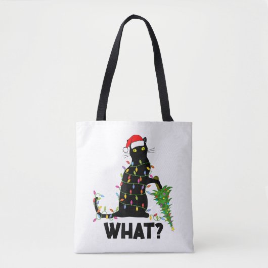 Funny Black Cat Pushing Weihnachtsbaum über Cat Ch Tasche (Vorderseite)