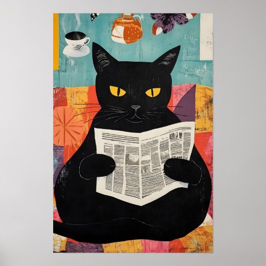 Funny Black cat Reading Newspaper  Poster (Vorne)