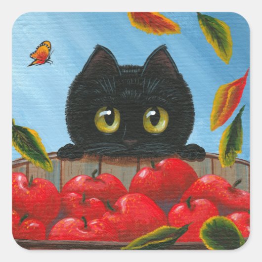 Funny Black Cat Red Apples Creationarts Quadratischer Aufkleber (Vorderseite)