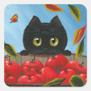 Funny Black Cat Red Apples Creationarts Quadratischer Aufkleber