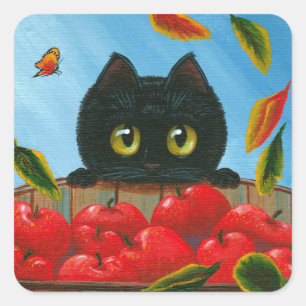 Funny Black Cat Red Apples Creationarts Square Quadratischer Aufkleber