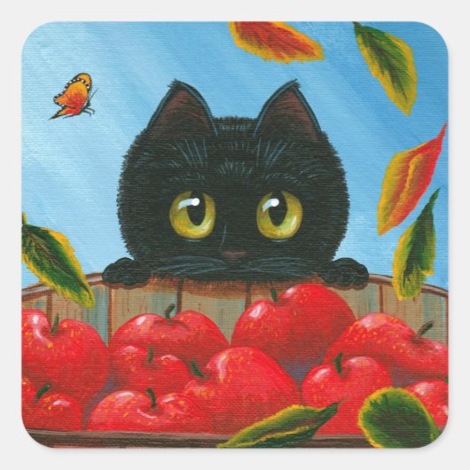 Funny Black Cat Red Apples Creationarts Square Quadratischer Aufkleber (Vorderseite)