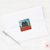 Funny Black Cat Red Apples Creationarts Square Quadratischer Aufkleber (Umschlag)