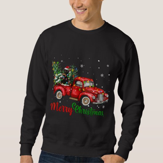 Funny Black Cat Riding Red Truck Weihnachtsbaum Li Sweatshirt (Vorderseite)