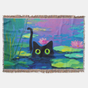 Funny Black Cat Schwimmen im Teich Quirky Art Decke