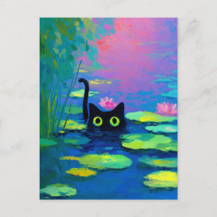 Funny Black Cat Schwimmen im Teich   Quirky Art Feiertagspostkarte