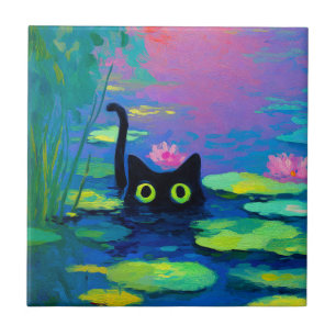 Funny Black Cat Schwimmen im Teich Quirky Art Fliese