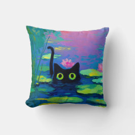 Funny Black Cat Schwimmen im Teich | Quirky Art Kissen