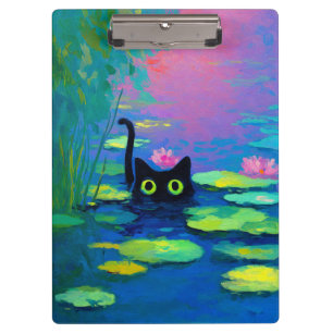 Funny Black Cat Schwimmen im Teich   Quirky Art Klemmbrett