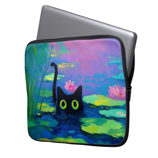 Funny Black Cat Schwimmen im Teich | Quirky Art Laptopschutzhülle (Vorderseite Links)