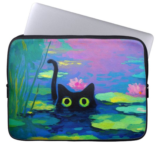 Funny Black Cat Schwimmen im Teich | Quirky Art Laptopschutzhülle (Vorderseite)