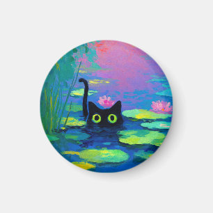 Funny Black Cat Schwimmen im Teich   Quirky Art Magnet