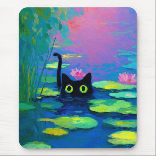 Funny Black Cat Schwimmen im Teich   Quirky Art Mousepad
