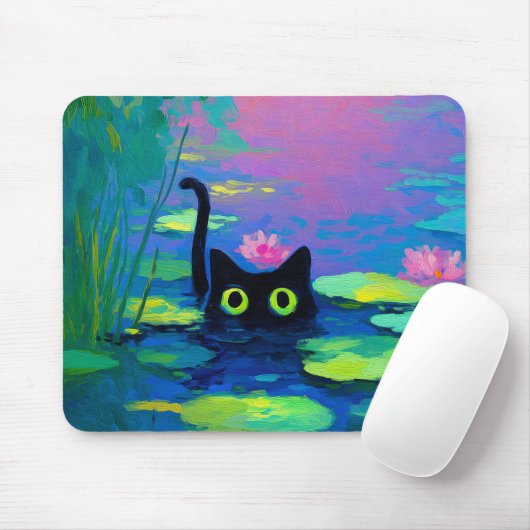 Funny Black Cat Schwimmen im Teich | Quirky Art Mousepad (Mit Mouse)