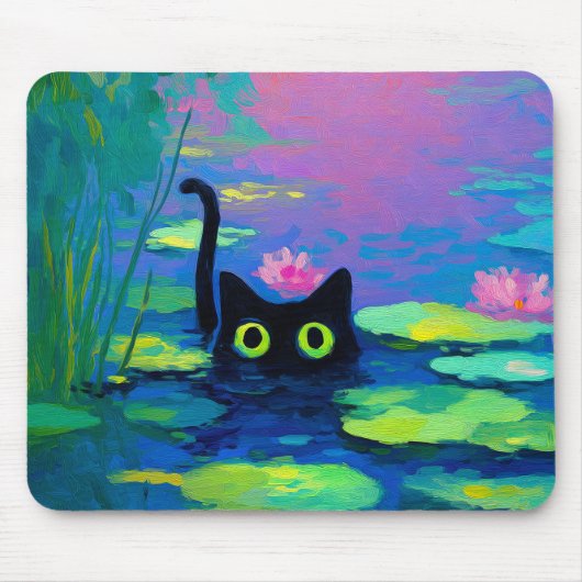 Funny Black Cat Schwimmen im Teich | Quirky Art Mousepad (Vorne)