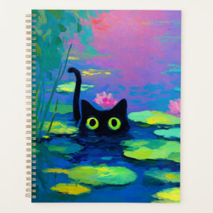 Funny Black Cat Schwimmen im Teich Quirky Art Planer