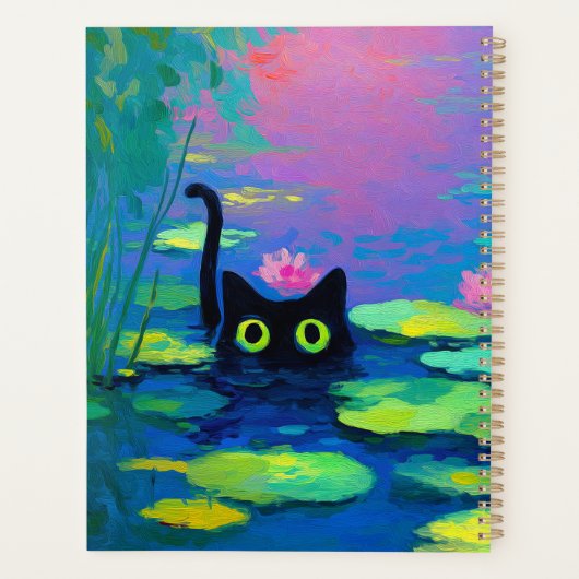 Funny Black Cat Schwimmen im Teich | Quirky Art Planer (Rückseite)