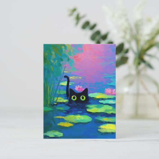 Funny Black Cat Schwimmen im Teich | Quirky Art Postkarte (Stehend Vorderseite)