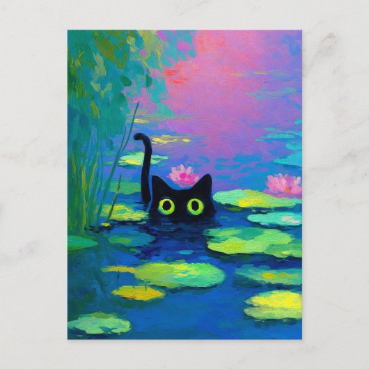 Funny Black Cat Schwimmen im Teich | Quirky Art Postkarte (Vorderseite)