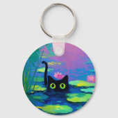 Funny Black Cat Schwimmen im Teich | Quirky Art Schlüsselanhänger (Vorderseite)