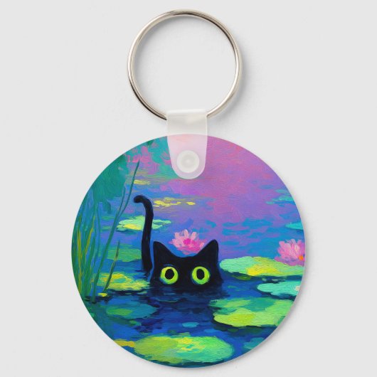 Funny Black Cat Schwimmen im Teich | Quirky Art Schlüsselanhänger (Vorderseite)