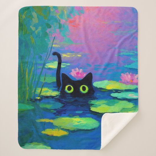 Funny Black Cat Schwimmen im Teich | Quirky Art Sherpadecke (Vorderseite)